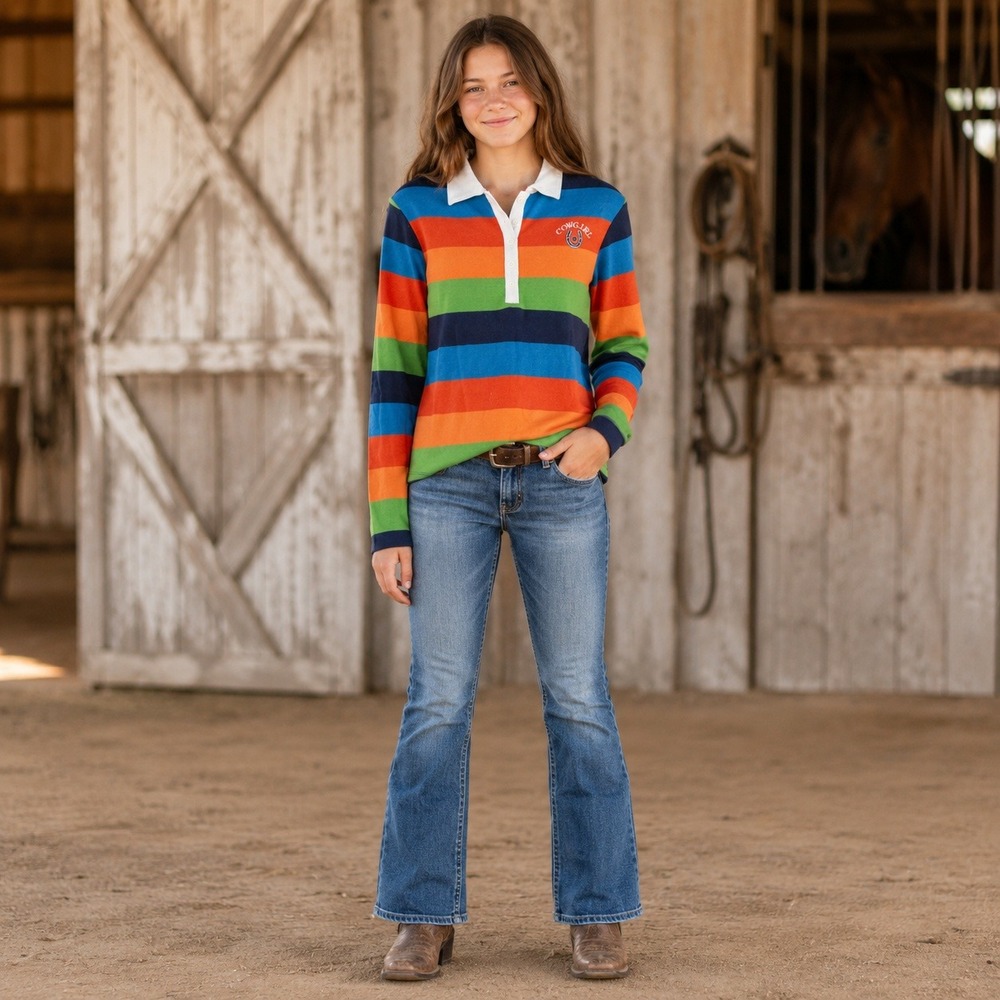 Five Star Kids Rainbow Striped Long Sleeve Polo Cowgirl Horseshoe Shirt
